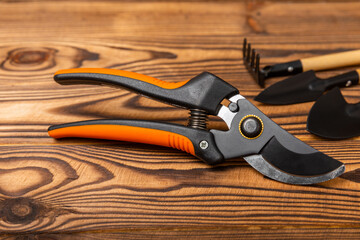 New orange garden pruners on a brown wooden background. Top view.Gardening tools.Gardening or planting concept. Work in the spring garden.Place for text.