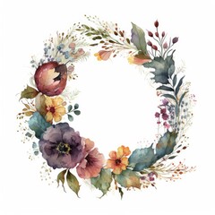 Obraz na płótnie Canvas a floral wreath made of assorted watercolor flowers for wedding, bridal, floral, high quality, roses, nature, spring, generative AI