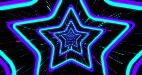 Fototapeta premium Composition of blue stars over light trails on black background