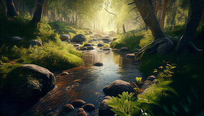 Mountain stream in the forest at sunset.generative ai