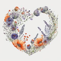 Obraz na płótnie Canvas a heart-shaped wreath made of assorted watercolor poppies for wedding cards, bridal, floral, high quality, roses, nature, spring, Generative AI