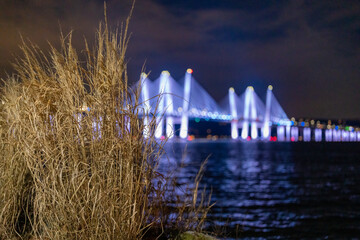 Tarrytown, NY - USA - February 2, 2023: Night photo of the Governor Mario M. Cuomo Bridge, spanning...