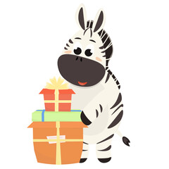Fototapeta na wymiar Cute zebra with gifts for a holiday card, children's theme.