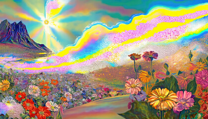Fototapeta premium Psychic Waves rippling through a field of flowers - made with generative ai