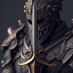 The Epic Knight: A Cinematic Shot of a Honorable Warrior with a Unique Sword Design and Incredibly Detailed 8K Visuals by Marcin Nagraba and Rebecca Millen on a Vintage Metal Architecture and Decor Fe