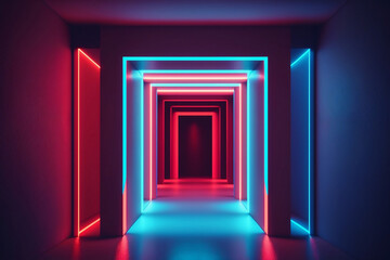 Red blue neon light, illuminated corridor, 80's retro style, fashion show stage. Generative AI. 