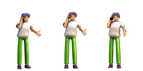 3D ILLUSTRATION RENDERING. PORTRAIT SMILLING MAN CUTE CARTOON CHARACTER YOUNG MALE MODEL STANDING ON ISOLATED WHITE BACKGROUND. MINIMAL HUMAN TALKING ON MOBILE SMART PHONE.

