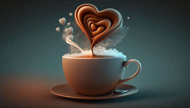 Ein s&uuml;&szlig;er Morgen voller Liebe: Kaffee mit Herzchen und cremigem Schaum in einer Tasse aus braunem Cappuccino serviert, auf einem rustikalen Holztisch