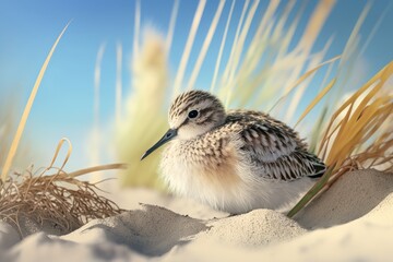 Digital Illustration of an Adorable Baby Sand Piper in a Beach Setting with Grass, Sand, Reeds, Water, Blue Sky. Made in part with Generative AI.
