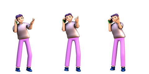 3D ILLUSTRATION RENDERING. PORTRAIT SMILLING MAN CUTE CARTOON CHARACTER YOUNG MALE MODEL STANDING ON ISOLATED WHITE BACKGROUND. MINIMAL HUMAN TALKING ON MOBILE SMART PHONE.