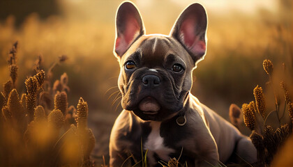 French bulldog puppy sitting in the grass in the evening light.generative ai