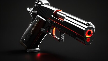 A sleek black pistol with a silver barrel and glowing red sights on a white background, with dramatic lighting casting sharp shadows. generative ai