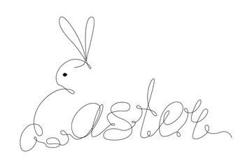 Easter lettering and bunny one continuous line drawing. Happy Easter. Design for Greeting. Isolate