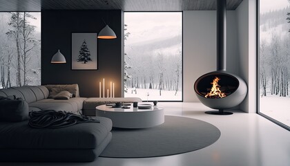 Modern Living room with fire place. generative ai