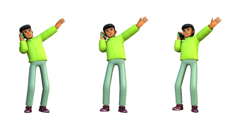 3D ILLUSTRATION RENDERING. PORTRAIT SMILLING MAN CUTE CARTOON CHARACTER YOUNG MALE MODEL STANDING ON ISOLATED WHITE BACKGROUND. MINIMAL HUMAN TALKING ON MOBILE SMART PHONE.