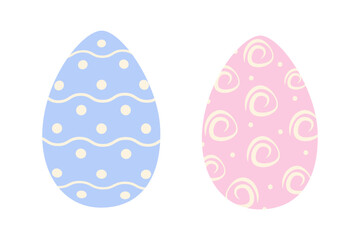 Set of two Easter eggs in trendy pink and blue with abstract pattern of wavy lines, dots and roses