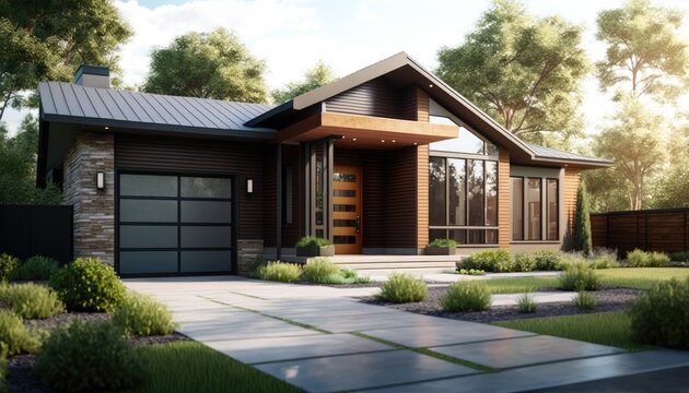 Photo of a modern custom single-level suburban home on a sunny summer day. generative ai