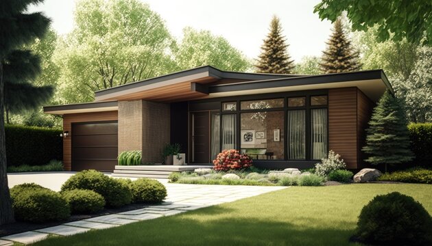 Photo of a modern custom single-level suburban home on a sunny summer day. generative ai