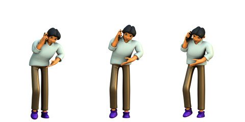 3D ILLUSTRATION RENDERING. PORTRAIT SMILLING MAN CUTE CARTOON CHARACTER YOUNG MALE MODEL STANDING ON ISOLATED WHITE BACKGROUND. MINIMAL HUMAN TALKING ON MOBILE SMART PHONE.