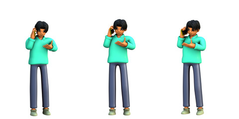 3D ILLUSTRATION RENDERING. PORTRAIT SMILLING MAN CUTE CARTOON CHARACTER YOUNG MALE MODEL STANDING ON ISOLATED WHITE BACKGROUND. MINIMAL HUMAN TALKING ON MOBILE SMART PHONE.