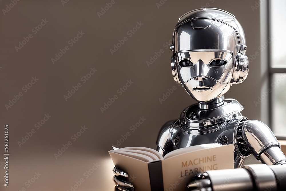 Poster an antropomothic robot android reading a book, concept of machine learning. ai generative