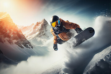 Flying snowboarder on mountains. Extreme winter sport.generative ai - obrazy, fototapety, plakaty