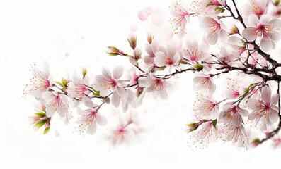 Ast mit Kirschblüten auf weißem Hintergrund. AI Generated