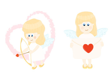 Two separate cute cupid angels with a bow and arrow, a letter in their hands.