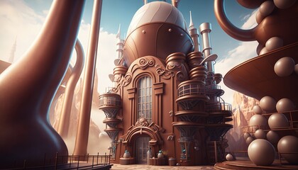 Chocolate factory facade in fantasy world, 
background with chocolate building, Generative AI