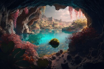 Cave landscape with beautiful lake and colorful vegetation, Generative AI
