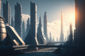Futuristic city with big buildings and modern skyscrapers, city ​​background, Generative AI