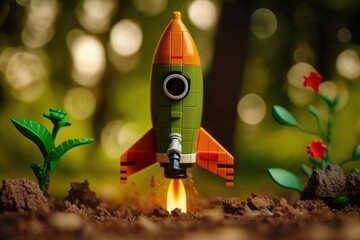 Toy rocket taking off from the ground, blurred background, Generative AI
