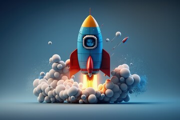 Toy rocket taking off, isolated on blue background, Generative AI
