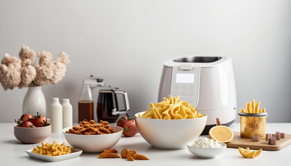 Homemade french fries in modern airfryer, do-it-yourself home cooking concept,  Created using generative AI tools.