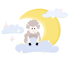 A cute lamb sits on a moon. Small clouds and stars all around.