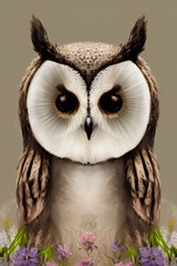 Obraz premium cute fantasy owl with flowers, illustration. generative AI