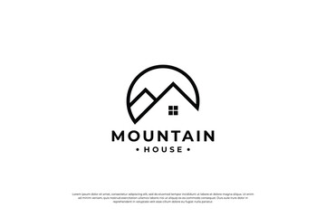 mountain house combination logo design with line art style.