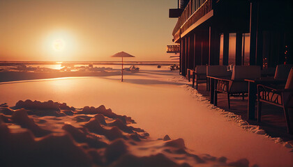 Fototapeta na wymiar Beautiful winter landscape with wooden house at sunset.generative ai