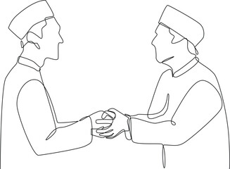 Continuous one line drawing people shaking hands with each other.  Eid al-Fitr concept. Single line draw design vector graphic illustration.