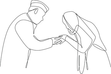 Continuous one line drawing people shaking hands with each other.  Eid al-Fitr concept. Single line draw design vector graphic illustration.