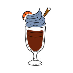 Coffee cappuccino with cinnamon in white porcelain cup. Doodle colorful  sketch style hand drawn vector illustration in engraved style. For menu, bar, coffee shop, cafe, restaurant, banner.