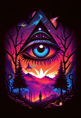 Illuminati eye psychedelic cartoon illustration with vibrant colors. Generative AI vertical illustration