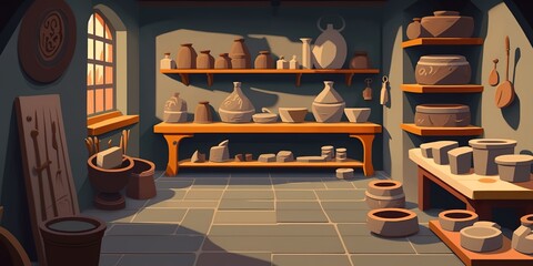 Pottery studio with pottery wheel kiln and shelves filled with various ceramic creations, concept of Craftsmanship and Artistry, created with Generative AI technology
