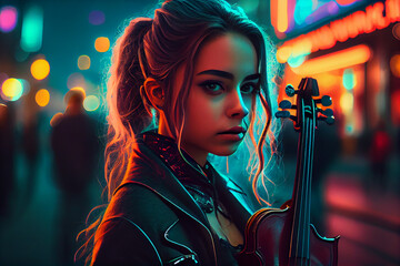 Female Street musician playing violin at night neon street lights background. Young woman violinist play music on the street in the evening time. Joyful woman musician.High quality illustration. - obrazy, fototapety, plakaty