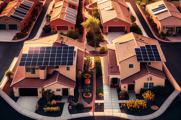 Drone view of build houses with solar panels attached on roof against of apartment buildings, Solar cells on factory rooftop, Solar energy power panels, power energy, Generative AI