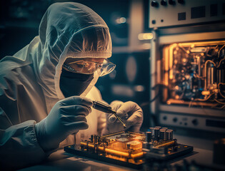 Engineers workings in a microchip or semiconductor factory. A.I Generated	