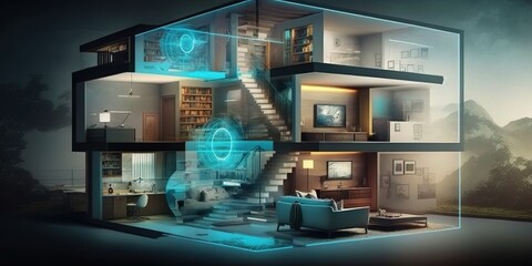 Fototapeta premium smart house with holographic projection system that displays virtual reality environment for entertainment and relaxation, concept of Technology, created with Generative AI technology