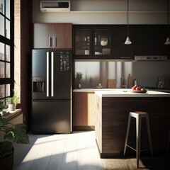 3d rendering modern dark wood kitchen Generative AI