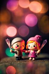 Fototapeta premium Super cute chibi character couple in love, bokeh backdrop, AI generative