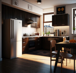 3d rendering modern dark wood kitchen Generative AI